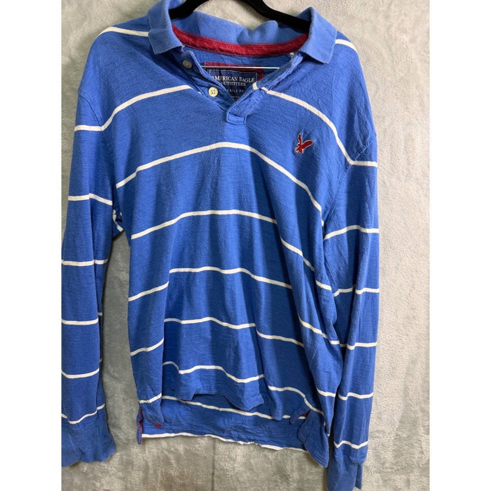 VTG AMERICAN EAGLE OUTFITTERS Polo Men M Blue White Stripe Long Sleeve Y2K Rugby
